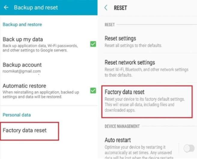 ponastavitev tovarniških podatkov v sistemu Android