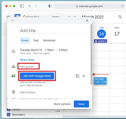 Google Calendar สร้างการประชุมใหม่