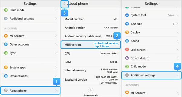 Miui 6-10 çalıştıran Xiaomi'de Xiaomi USB Hata Ayıklamayı etkinleştirin.