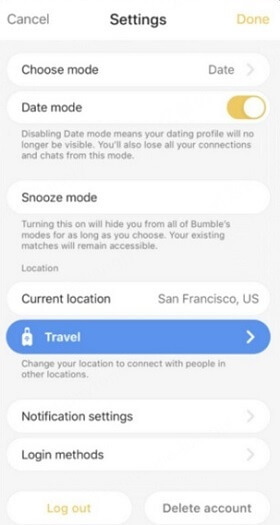 Bumble 旅行模式