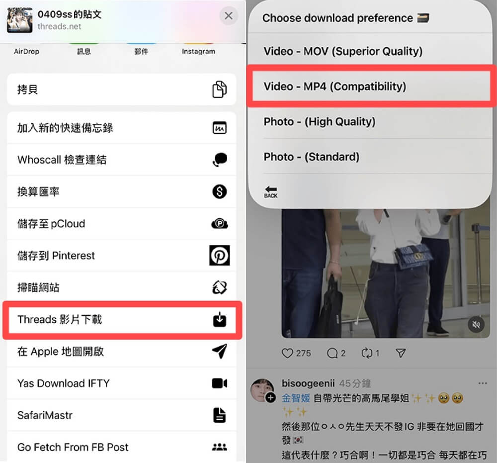 選擇 Threads 下載影片格式