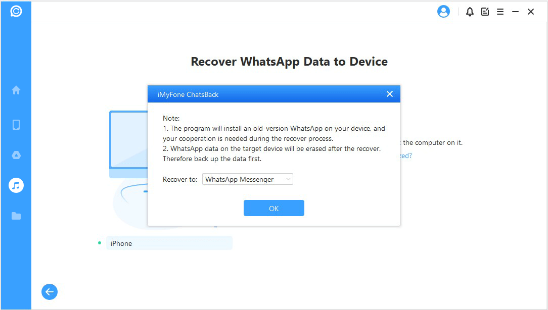 將 WhatsApp 從 iTunes 恢復到裝置