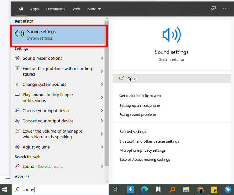 在 Windows 搜索欄上輸入聲音
