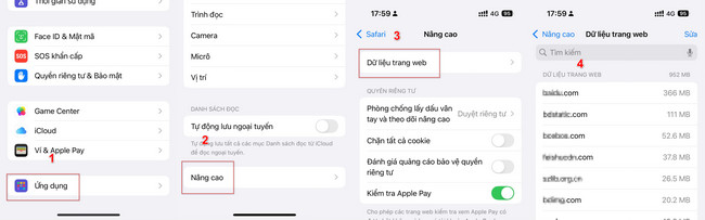 kiểm tra dữ liệu trang web safari từ cài đặt