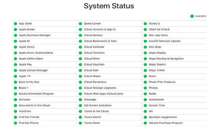 kiểm tra trang trạng thái hệ thống của apple