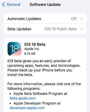 tải xuống ios 18 public beta trong cài đặt