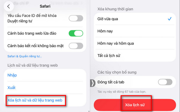 xóa lịch sử và dữ liệu trang web Safari