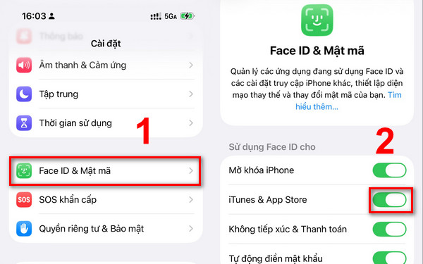 Bật Face ID cho App Store