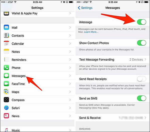 vô hiệu hóa và bật cài đặt iMessage