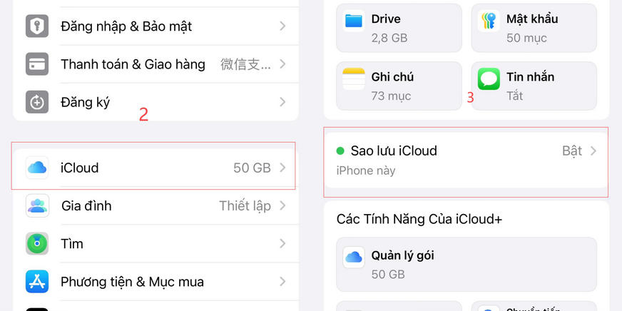 nhấp tiếp sap lưu icloud