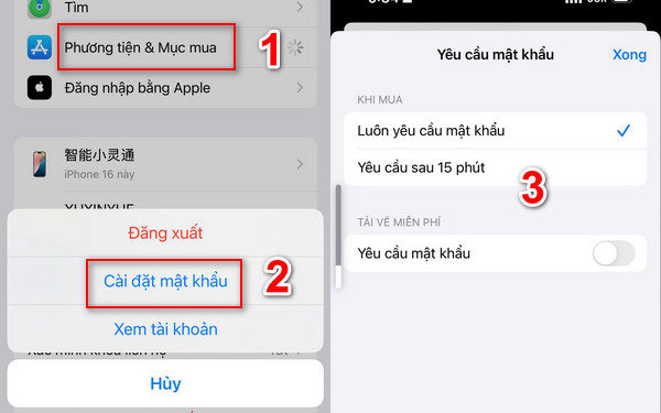 thay đổi Cài đặt mật khẩu thành Yêu cầu sau 15 phút