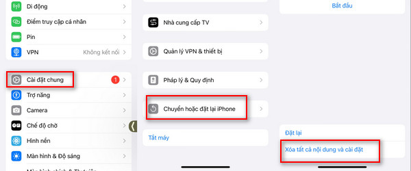xóa tất cả nội dung và cài đặt